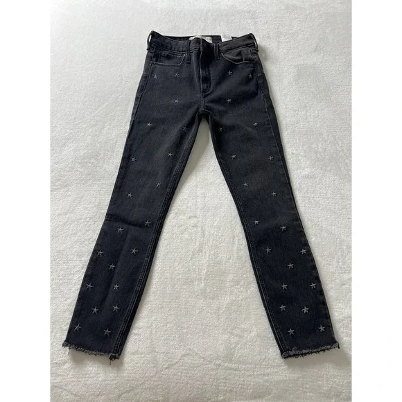 Abercrombie & Fitch Star Embroidered High Rise Ankle Black Jean Denim Size 25 0R - Picture 2 of 7